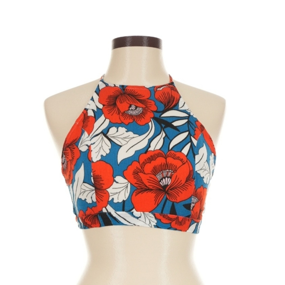 Lulu's 100% Rayon Red and Blue Floral Crop Top XS
